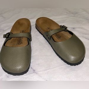 Birki’s by Birkenstock Olive Green Slip On Mary Jane Clogs Slides